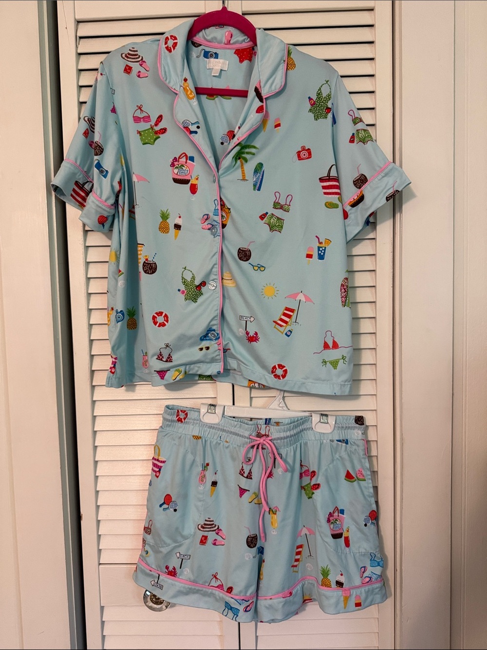 Women’s Light Blue Printed Short PJ Set with Pink Trim - Picture 1 of 8
